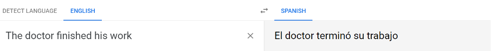 Google Translate translates the English “the doctor finished his work” to the masculine Spanish version only.