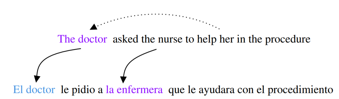 The English sentence “the doctor asked the nurse to help her”, with a Spanish translation linking “her” to “the nurse”.